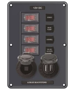 BLUE SEA SYSTEMS Water-Resistant Circuit Breaker Switch Panel, 4 pos. + 12 Volt Socket & Dual USB Charger