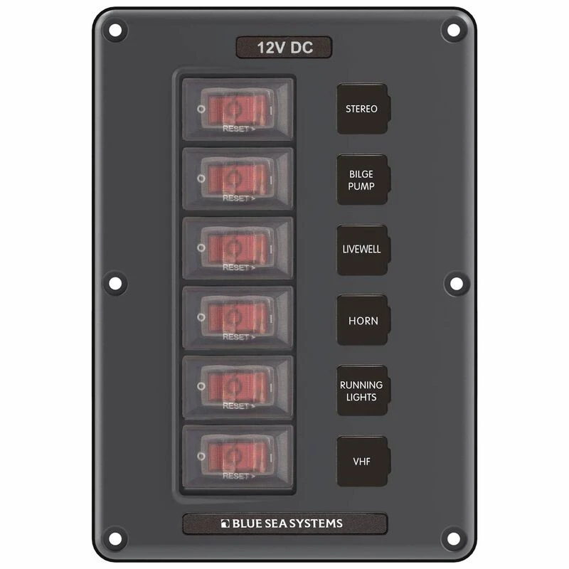 BLUE SEA SYSTEMS Water-Resistant Circuit Breaker Switch Panel, 6 Positions 1 BLUE SEA SYSTEMS Water-Resistant Circuit Breaker Switch Panel, 6 Positions