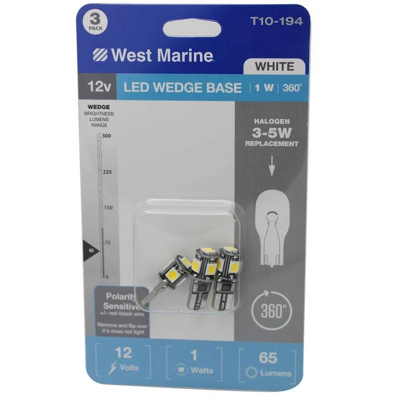 WEST MARINE Wedge Base T10-194 360 degree LED Bulbs, 3-Pack 1 WEST MARINE Wedge Base T10-194 360 degree LED Bulbs, 3-Pack