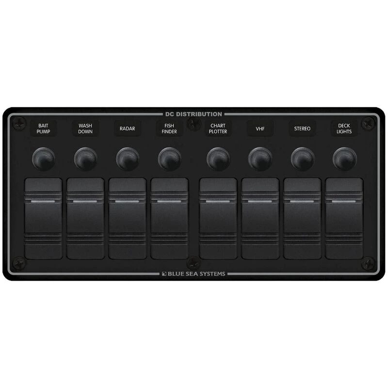 BLUE SEA SYSTEMS Water Resistant Circuit Breaker Panel, 8-Position 1 BLUE SEA SYSTEMS Water Resistant Circuit Breaker Panel, 8-Position