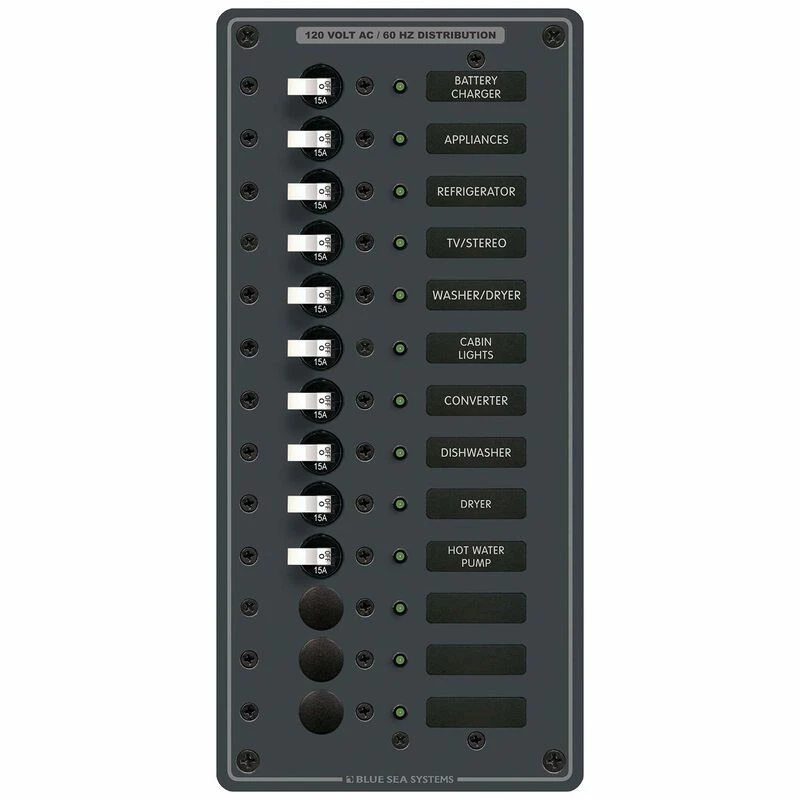 BLUE SEA SYSTEMS 13-Position Vertical AC Circuit Breaker Panel, 10 Circuit Breakers 1 BLUE SEA SYSTEMS 13-Position Vertical AC Circuit Breaker Panel, 10 Circuit Breakers
